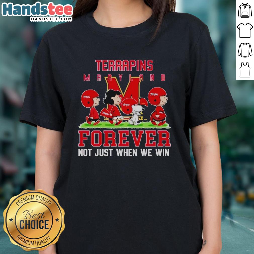 Alt Text: Cute Peanuts Maryland Terrapins Forever tee for ladies, showcasing team spirit and style for every game day.