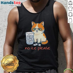 Funny cat wearing a tank top that says No Ice Please against an icy background, showcasing its quirky personality.
