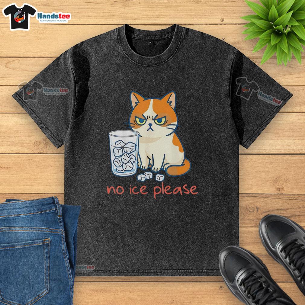 Funny cat wearing a No Ice Please washed t-shirt, playfully posing against an icy background. Perfect for cat lovers!