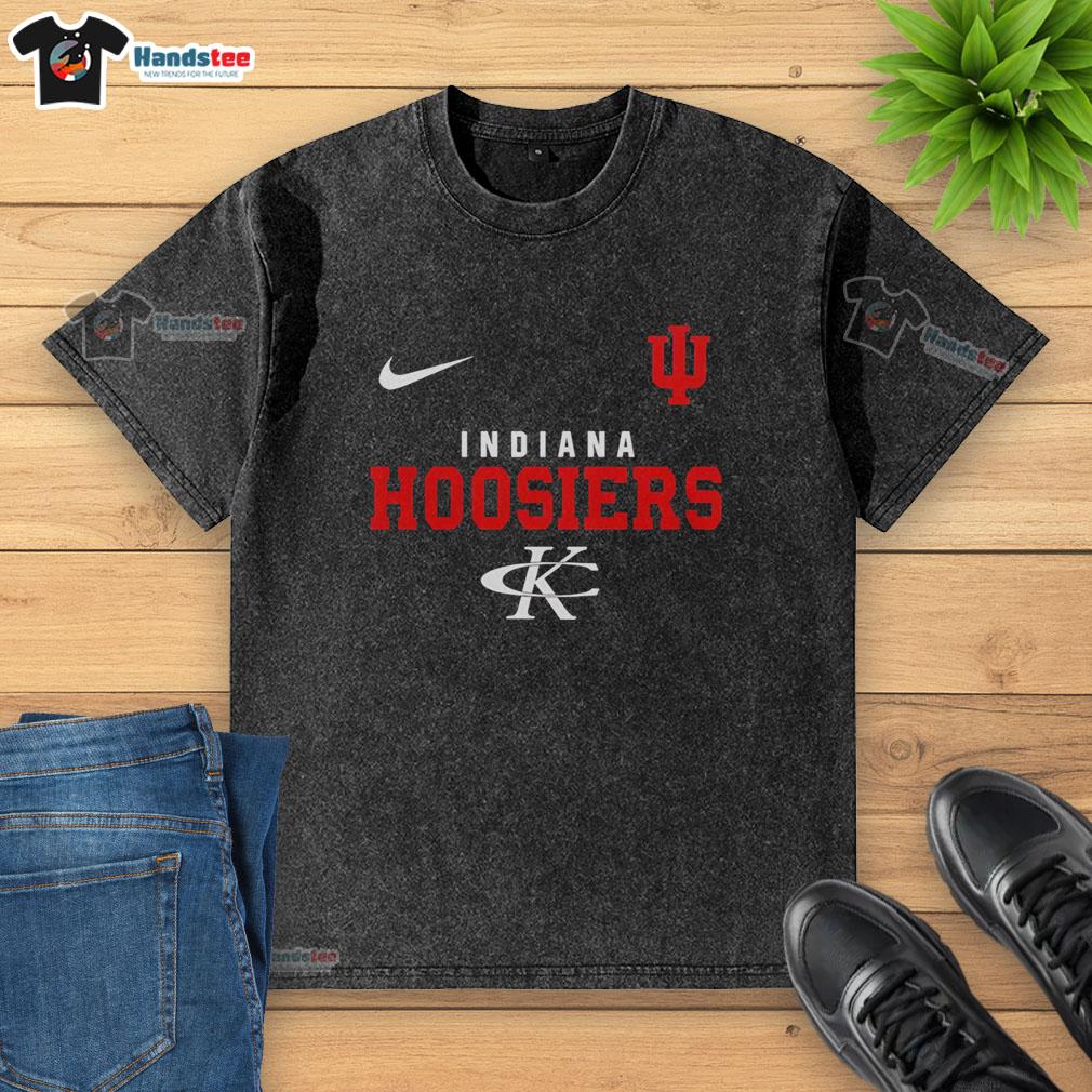 Funny Indiana Hoosiers NCAA No Shoes Nation Go Big Red washed t-shirt displayed on a hanger, showcasing vibrant colors.