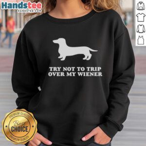 Alt Text: Funny Try Not To Trip Over My Wiener Sweatshirt featuring a playful design of wiener dogs and humorous text.