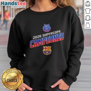 Barcelona FC Supercopa Campeones 2026 sweatshirt featuring team logo and celebratory design for fans.