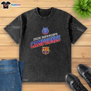 Alt Text: Barcelona FC Supercopa Campeones 2026 washed t-shirt celebrating their victory in the tournament.