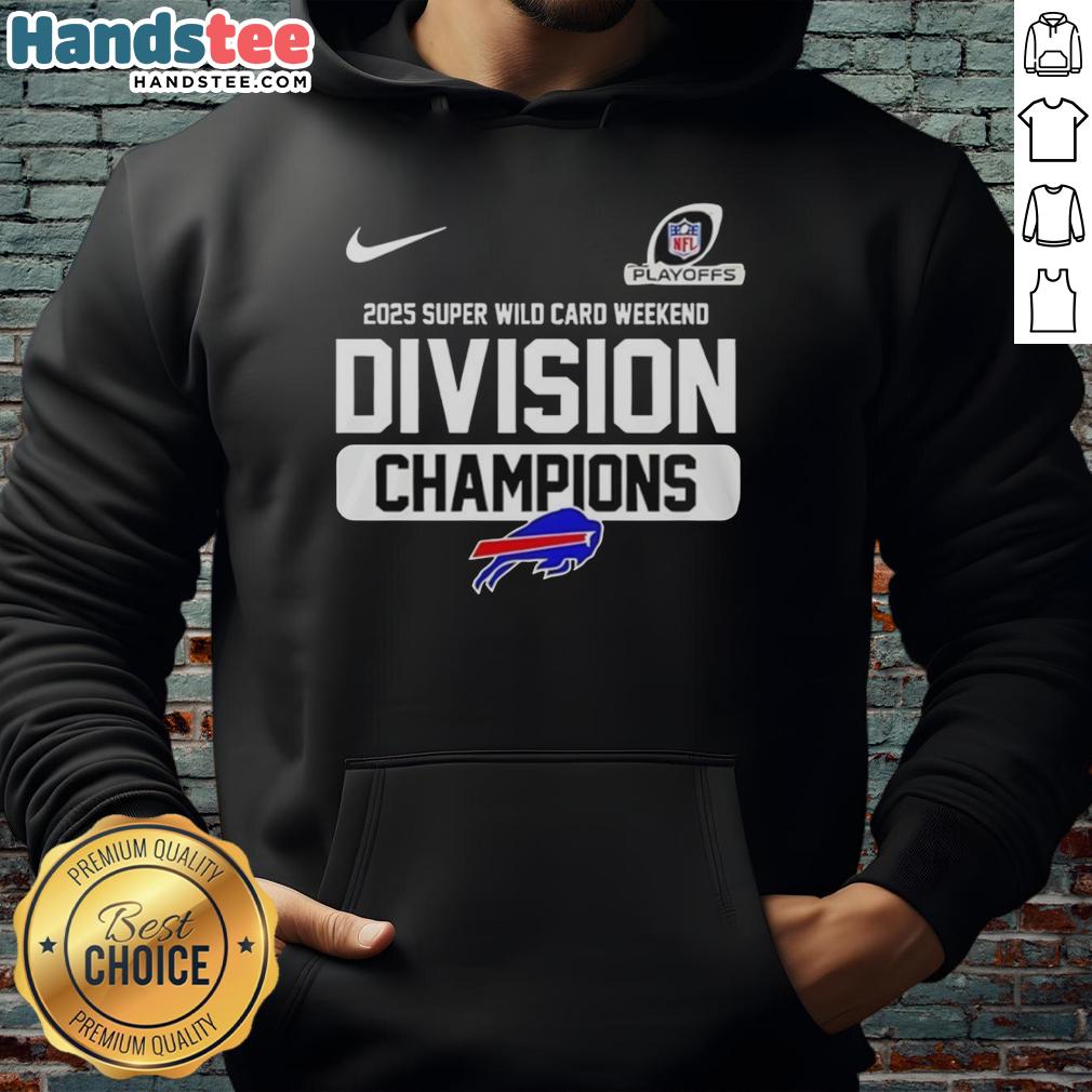 Buffalo Bills 2025 Super Wild Card Weekend Division Champions Hoodie featuring team colors and logo, perfect for fans.