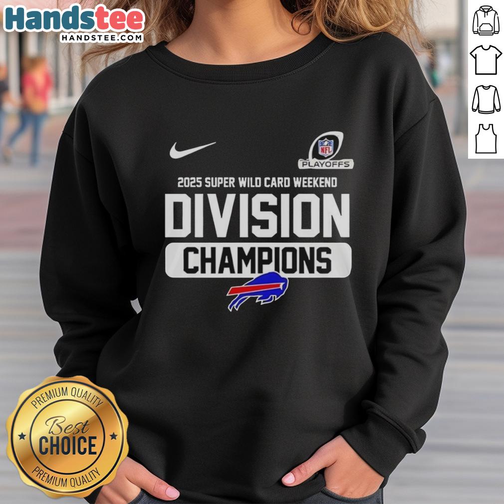 Buffalo Bills 2025 Super Wild Card Weekend Division Champions sweatshirt featuring team logo and vibrant colors.
