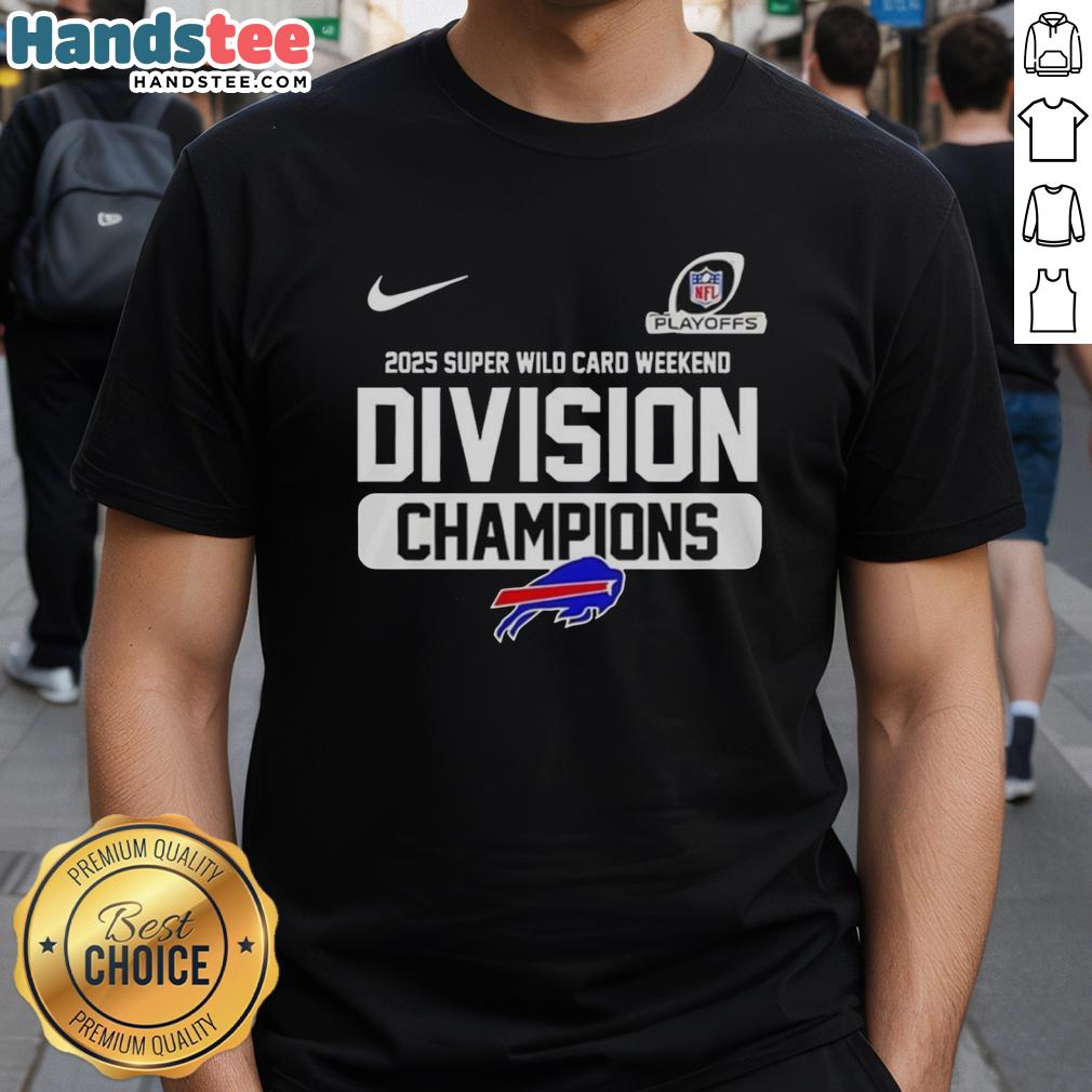 Buffalo Bills 2025 Super Wild Card Weekend Division Champions T-Shirt featuring team logo and vibrant colors.