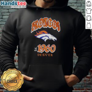 Alt Text: Stylish and comfortable Good Denver Broncos helmet relaxed graphic hoodie for fans and casual wear.