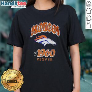 Good Denver Broncos helmet graphic on a relaxed fit ladies tee, perfect for fans showing team spirit.