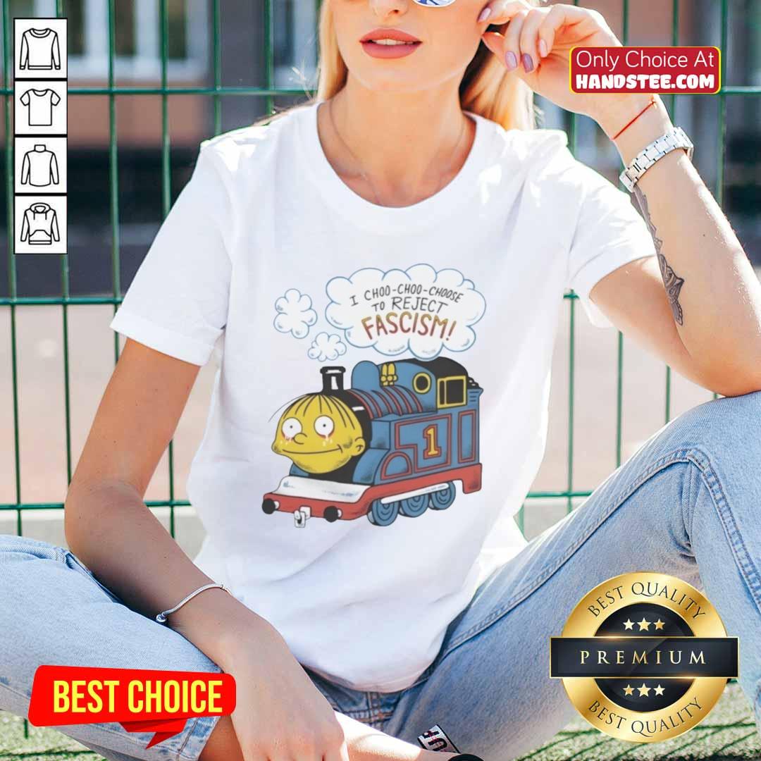 Good I Choo Choo Choose to Reject Fascism Ladies Tee featuring a bold graphic and vibrant colors promoting anti-fascism.