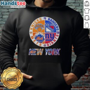 Good New York City sports hoodie featuring Knicks, Rangers, Giants, and Mets logos for fans of NYC teams.