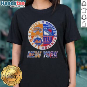 Alt Text: Good New York City Sports logos for Knicks, Rangers, Giants, and Mets on a ladies tee shirt.