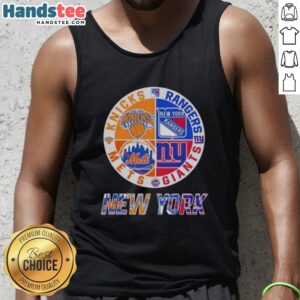 Alt Text: Good New York City Sports tank top featuring Knicks, Rangers, Giants, and Mets logos for fans.