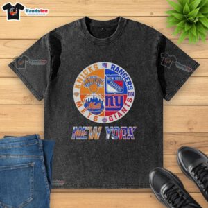 Good New York City Sports Knicks Rangers Giants Mets logos combine on a washed t-shirt design for fans.