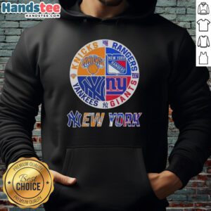 Alt Text: Good New York City Sports hoodie featuring Knicks, Rangers, Giants, and Yankees logos combined in a stylish design.