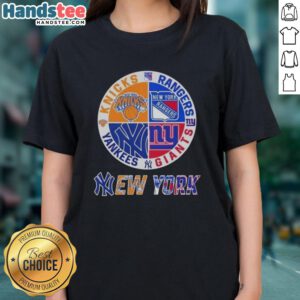 Alt Text: Good New York City Sports ladies tee featuring logos of Knicks, Rangers, Giants, and Yankees for sports fans.