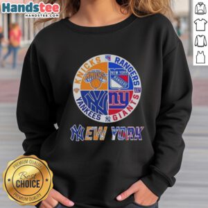Alt Text: Good New York City Sports sweatshirt featuring Knicks, Rangers, Giants, and Yankees logos in a stylish design.