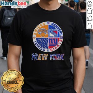 Good New York City Sports T-Shirt featuring Knicks, Rangers, Giants, and Yankees logos in a stylish design.