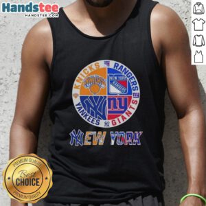 Alt Text: Stylish tank top featuring combined logos of New York City sports teams: Knicks, Rangers, Giants, and Yankees.