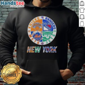 Good New York City Sports hoodie featuring Knicks, Rangers, Jets, and Mets logos in a stylish design.