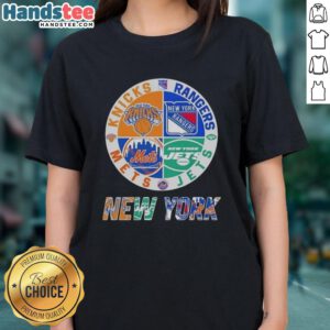 Good New York City Sports logos for Knicks, Rangers, Jets, and Mets on a ladies tee, perfect for sports fans.