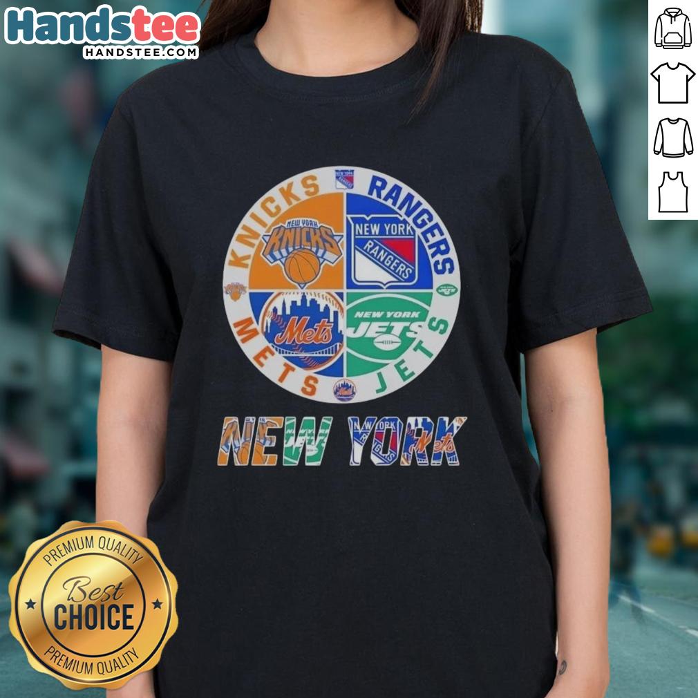 Good New York City Sports logos for Knicks, Rangers, Jets, and Mets on a ladies tee, perfect for sports fans.