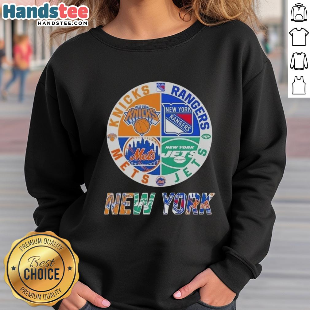 Good New York City Sports sweatshirt featuring Knicks, Rangers, Jets, and Mets logos for fans of NYC teams.