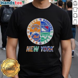 Good New York City sports t-shirt featuring Knicks, Rangers, Jets, and Mets logos combined in a stylish design.