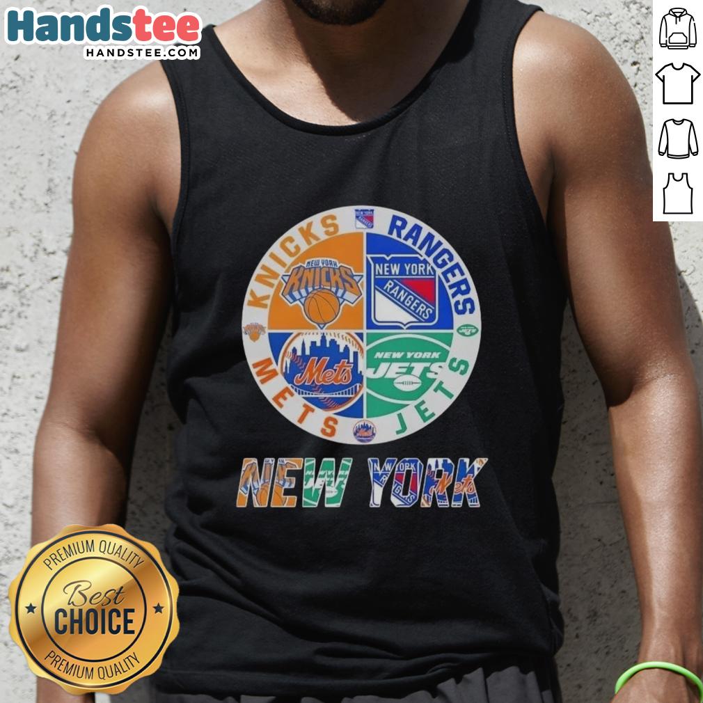 Good New York City Sports tank top featuring Knicks, Rangers, Jets, and Mets logos in a stylish design.