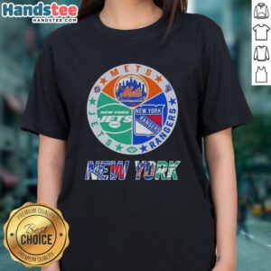 Good New York City sports logos combine: Mets, Rangers, and Jets on a ladies tee, perfect for NYC sports fans.