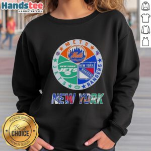Alt Text: Good New York City Sports sweatshirt featuring Mets, Rangers, and Jets logos for fans of NYC sports teams.
