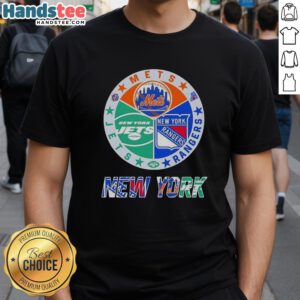 Good New York City Sports Mets Rangers Jets Logos Combine T-Shirt featuring iconic team logos in vibrant design.