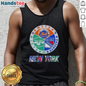Alt Text: Good New York City Sports Mets Rangers Jets logos on a stylish combine tank top for fans.