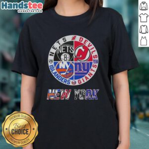 Good New York City Sports tee featuring logos of Nets, Devils, Giants, and Islanders, perfect for fans.