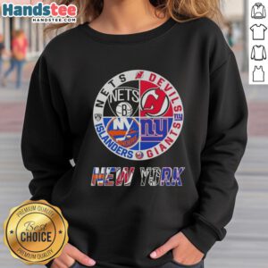Alt Text: Good New York City Sports sweatshirt featuring logos of Nets, Devils, Giants, and Islanders for fans.