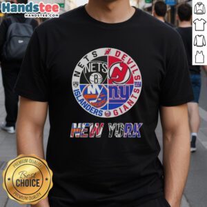 Good New York City sports t-shirt featuring Nets, Devils, Giants, and Islanders logos combined for fans.
