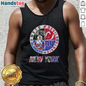 Good New York City sports tank top featuring Nets, Devils, Giants, and Islanders logos for fans and sports enthusiasts.