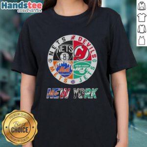 Alt Text: Good New York City sports logos on ladies tee: Nets, Devils, Jets, and Mets combined for a stylish fan look.