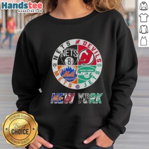 Alt Text: Good New York City Sports sweatshirt featuring Nets, Devils, Jets, and Mets logos for fans and athletes.