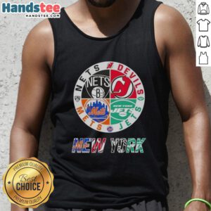 Good New York City sports tank top featuring Nets, Devils, Jets, and Mets logos for fans of NYC teams.