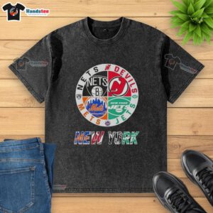 Alt Text: Good New York City Sports t-shirt featuring logos of Nets, Devils, Jets, and Mets, showcasing team pride.