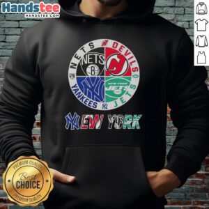Good New York City sports hoodie featuring Nets, Devils, Jets, and Yankees logos in a stylish design.