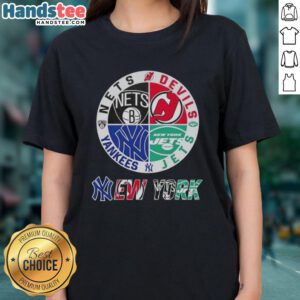 Good New York City sports logos for Nets, Devils, Jets, and Yankees on a ladies tee design.
