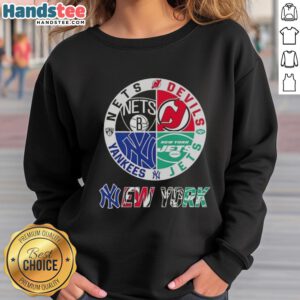Good New York City Sports sweatshirt featuring logos of Nets, Devils, Jets, and Yankees for sports fans.