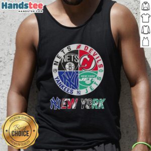Good New York City sports tank top featuring Nets, Devils, Jets, and Yankees logos in a stylish design.