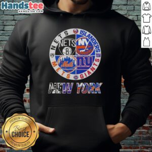 Alt Text: Good New York City Sports hoodie featuring logos of Nets, Islanders, Giants, and Mets for fans.