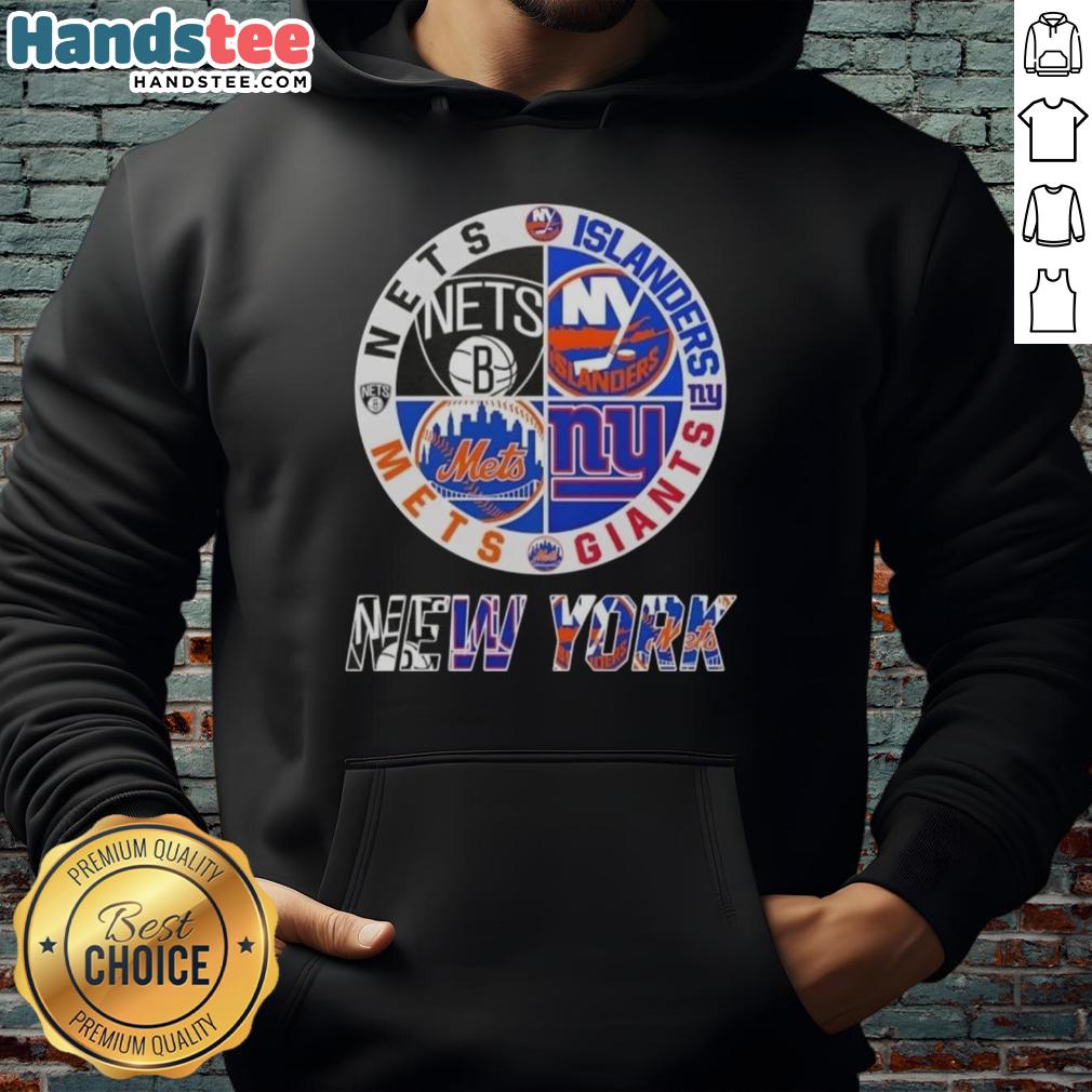 Alt Text: Good New York City Sports hoodie featuring logos of Nets, Islanders, Giants, and Mets for fans.