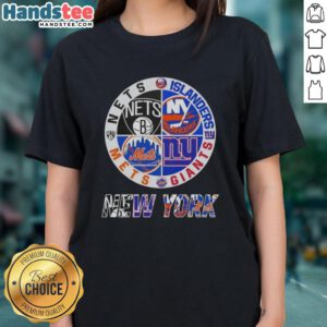 Alt Text: Good New York City sports logos for Nets, Islanders, Giants, and Mets on a ladies tee shirt design.