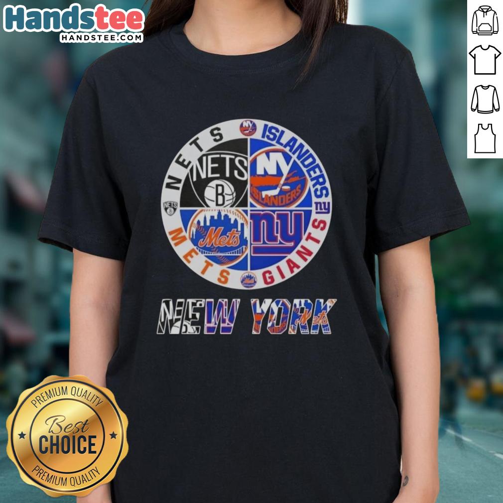 Alt Text: Good New York City sports logos for Nets, Islanders, Giants, and Mets on a ladies tee shirt design.