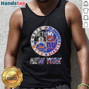 Good New York City sports tank top featuring logos of the Nets, Islanders, Giants, and Mets for NYC sports fans.
