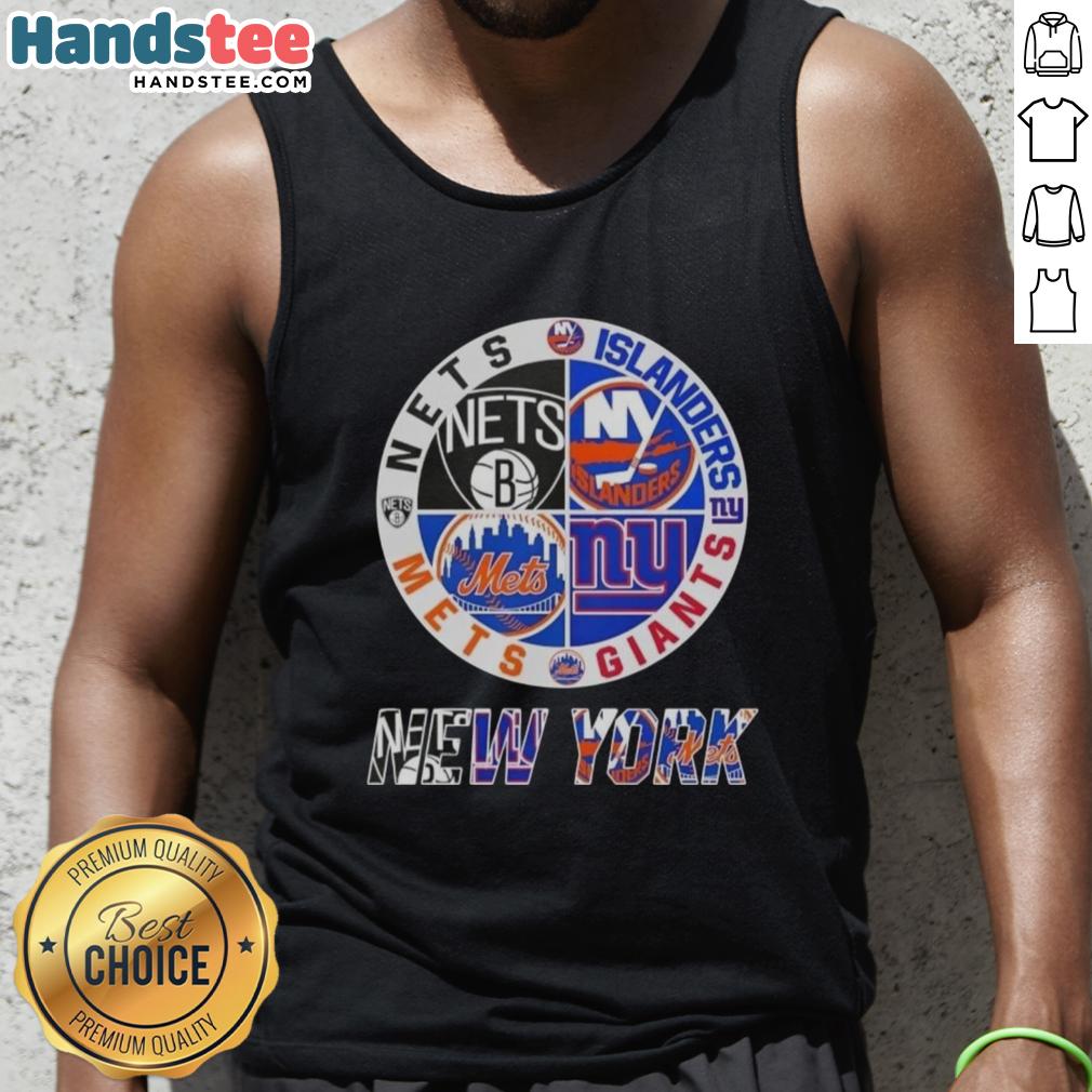 Good New York City sports tank top featuring logos of the Nets, Islanders, Giants, and Mets for NYC sports fans.